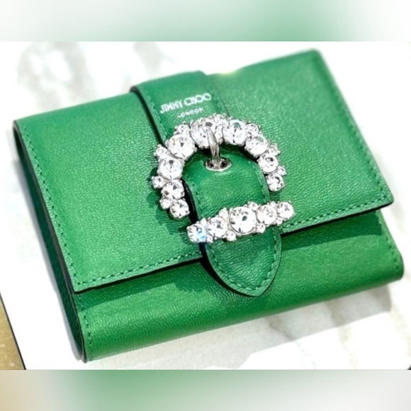Jimmy Choo Bright Green Wallet with Crystal Buckle FULL INCLUSION - Picture 2 of 9